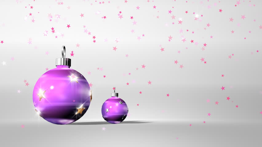 Three Glitter Christmas Tree Balls Rotate, Surrounded By Purple Tinsel