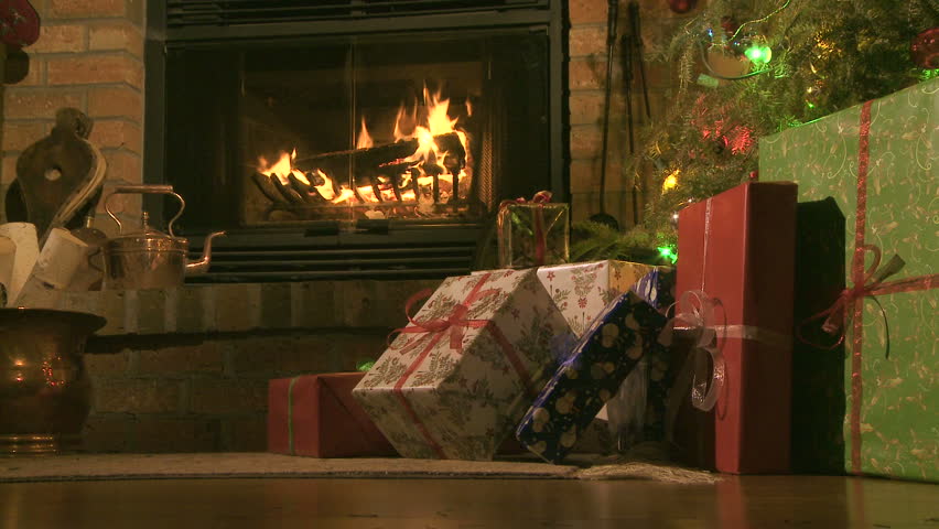 Home Christmas Scene With Tree, Presents And Fireplace Stock Footage