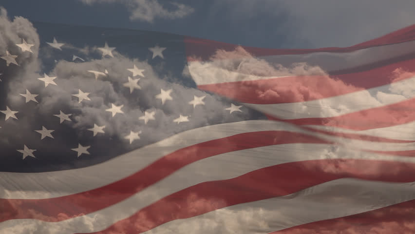 Ghosted Slow Motion American Flag Waving With Time-lapse Clouds Over