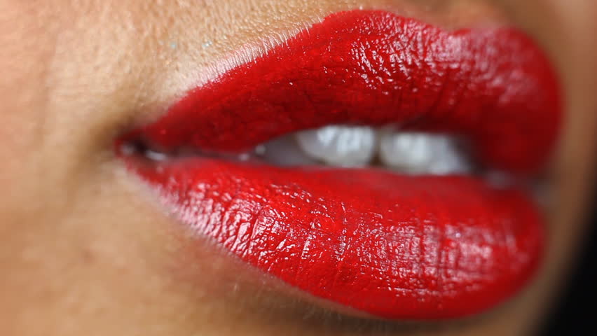 Beautiful Girl Putting On Lipstick With A Lip Brush Detail Macro Shot