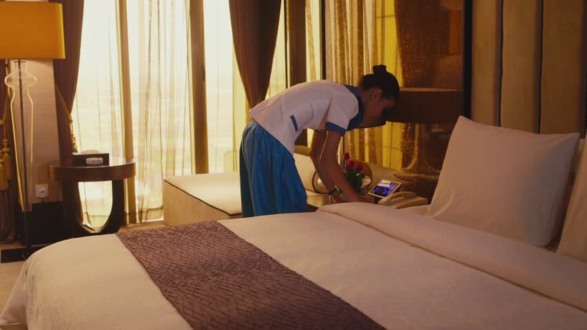 Asian Housemaid Cleaning Hotel Room Woman People Working Girl In