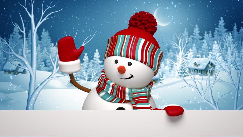 Snowman Peeking Out Animated Greeting Card Winter Holiday Background Merry Christmas And A