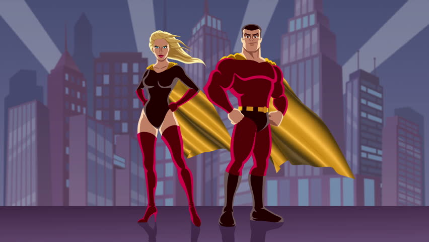 Superhero Couple 2 Looping Animation Of Male And Female Superheroes Posing In Front Of 