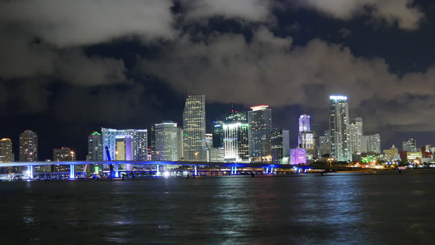 Miami Downtown Cloudy Sky Night Light Bay View 4k Time Lapse Florida ...