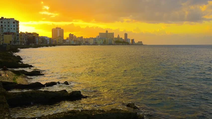 Cuba, Havana, Centro Habana, The Malecon, Vedado Skyline At Sunset ...