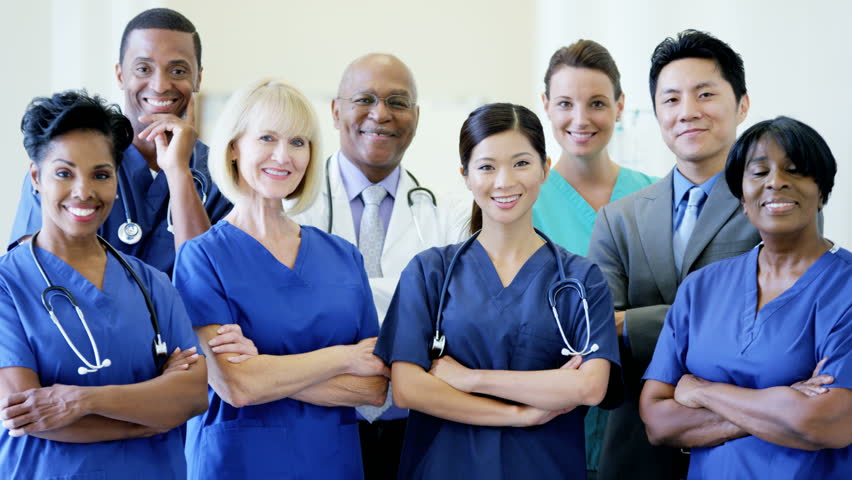 Portrait Of Confident Team Multi Ethnic Male Female Staff In Medical ...