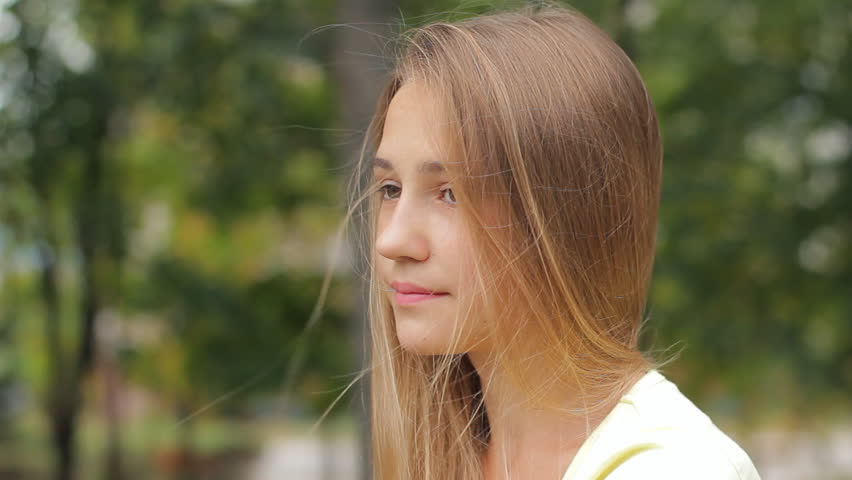 Sad Face Beautiful Young Girl Looking Away Outdoors, Close Up Profile ...