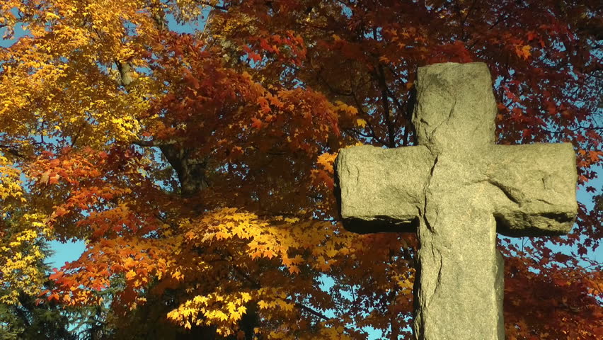 Closeup Of Cross Gravestone With Beautiful Fall Foliage Stock Footage ...