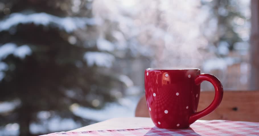 Steaming Cup Of Hot Coffee Or Tea Standing On The Outdoor Table In ...