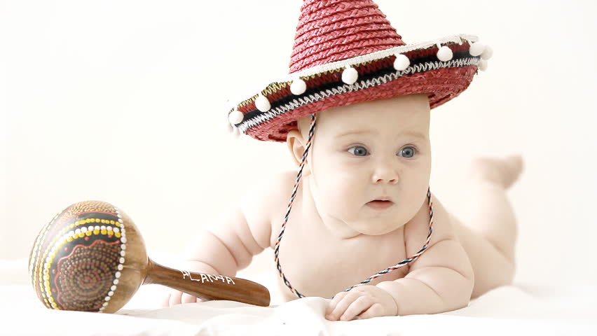 Baby In Sombrero Hat With Maracas On The Light Background Stock Footage ...