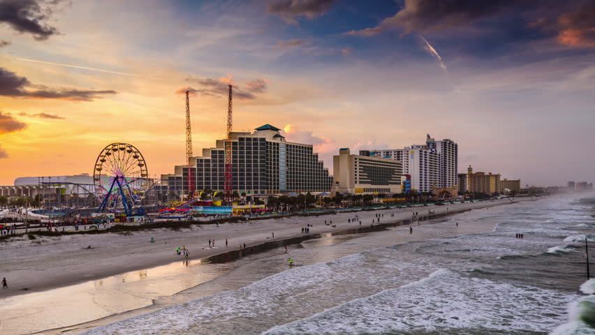 Daytona Beach, Florida Beachfront Skyline At Night. Stock Footage Video ...