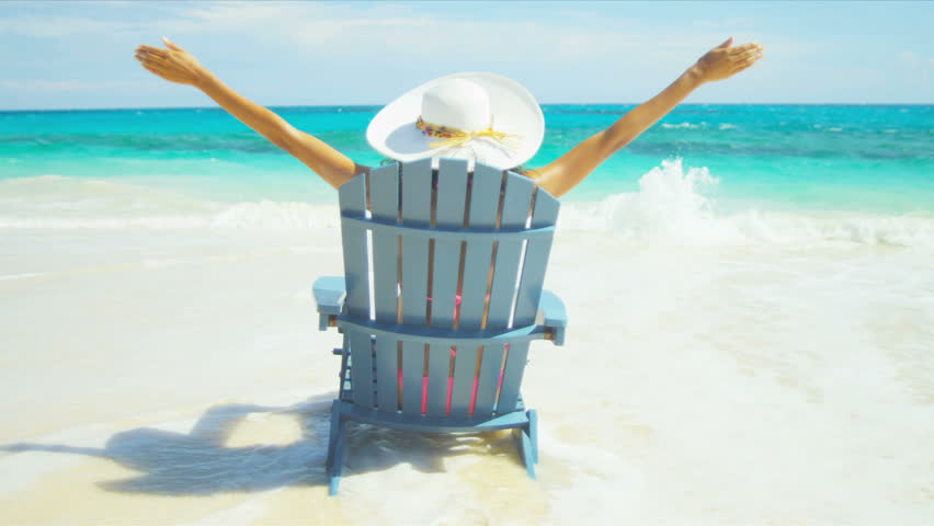 Girl In Sun Hat Sitting Wood Beach Chair Celebrating Achieving Her ...