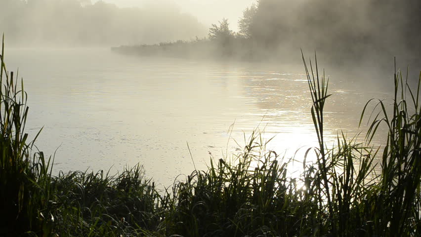 Early Morning Sunrise Reflections In Misty Fog On Flowing River Water ...