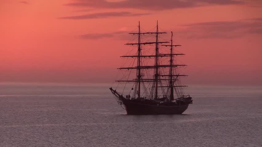 Three-masted Full-rigged Tall Ship At Anchor In The Sound At Sunrise ...