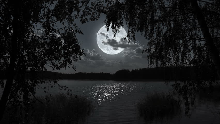 Moon Over The Lake At Night. Video Footage Of Bright Moon Over A Lake ...