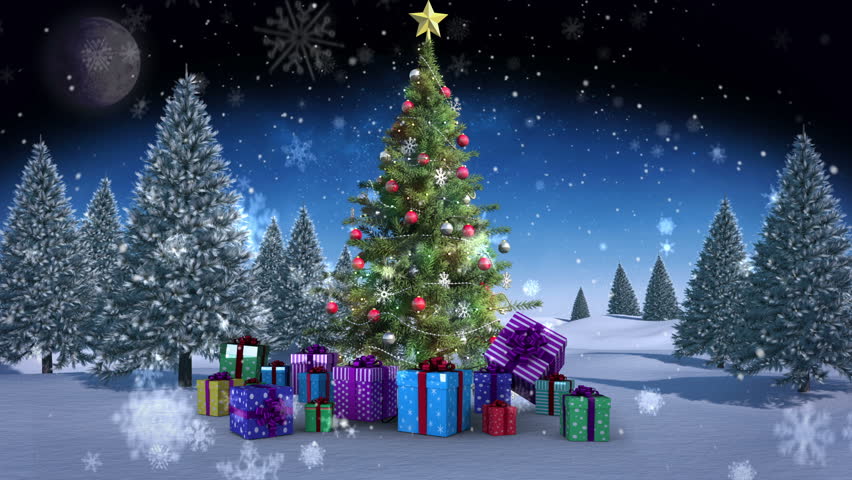 Digital Animation Of Christmas Presents Bouncing Around Tree In Winter ...