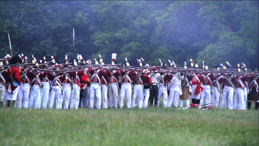 STONEY CREEK, ON-JUNE 4: British Soldiers (redcoats) Fire Muskets ...