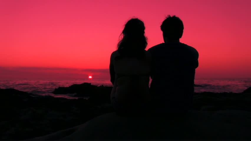 HD: Romantic Couple Sitting, Hug And Kiss At Sunset, Boy And Girl As A ...